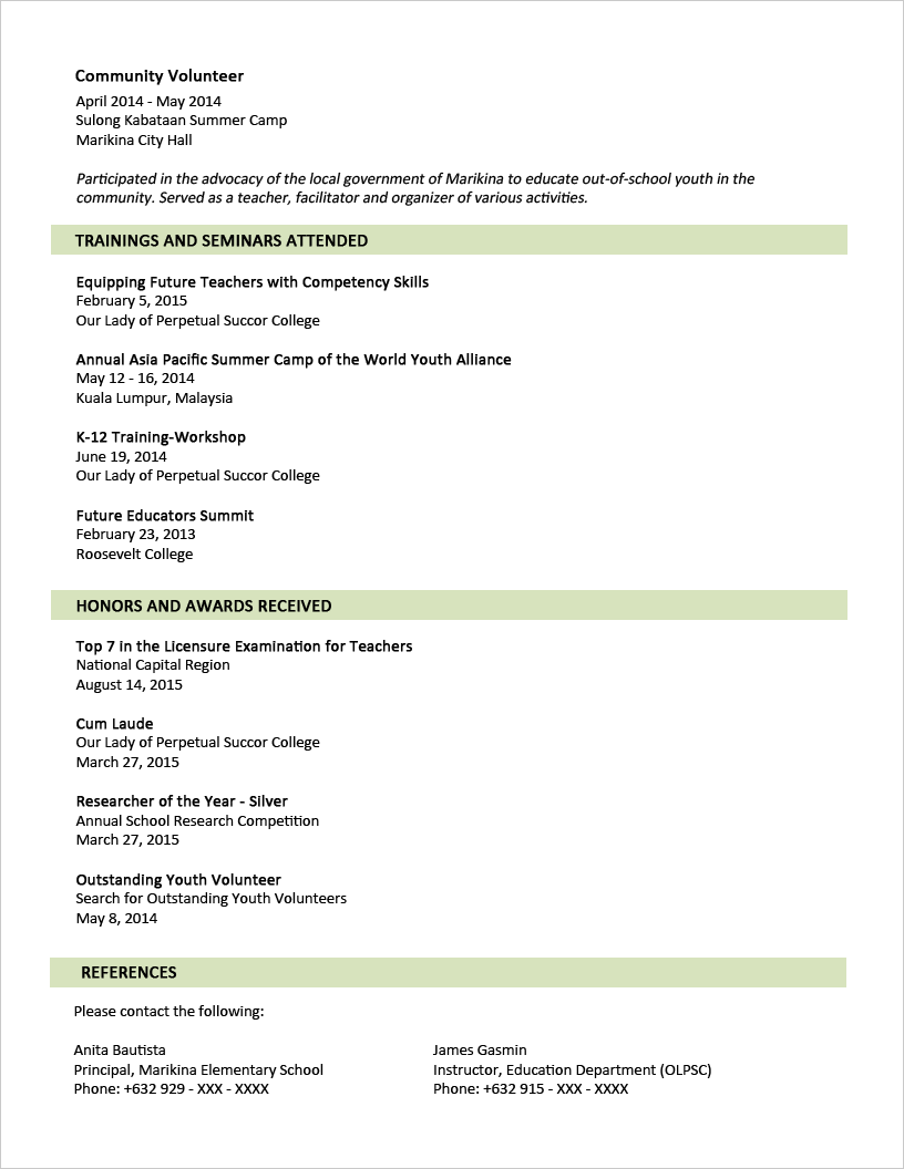 example of resume for fresh graduate