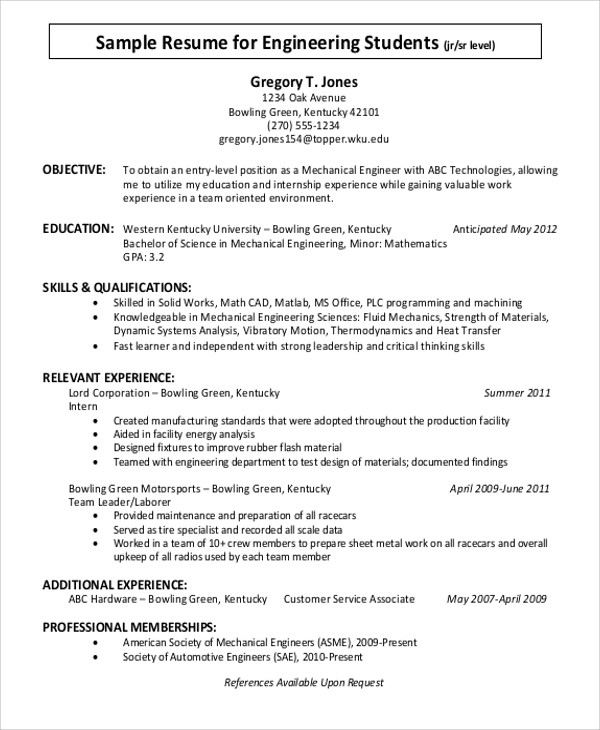 example of curriculum vitae for undergraduate student