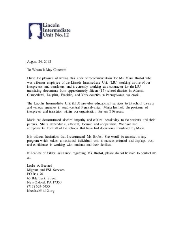 an example of a testimonial letter