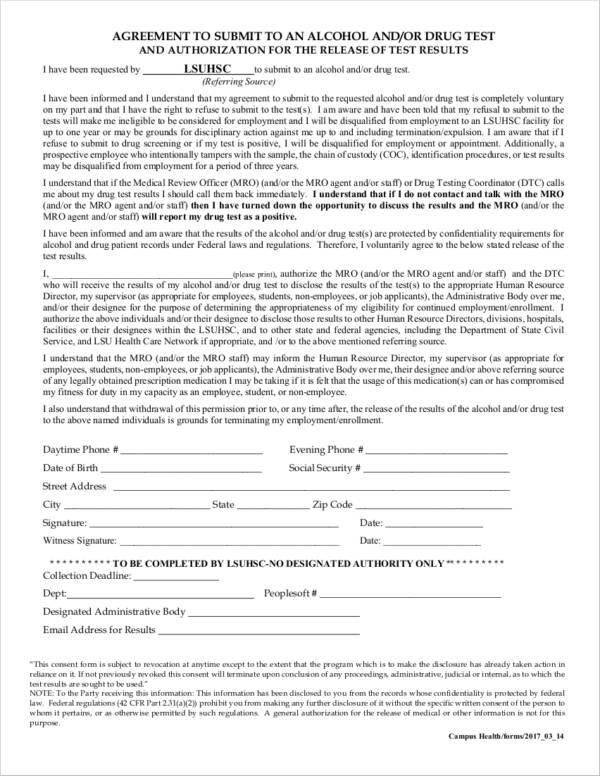 drug testing consent form example